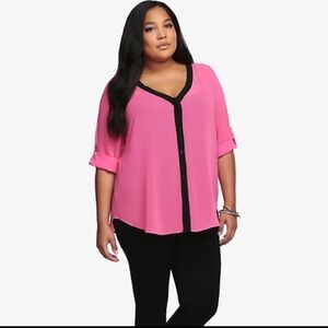 Torrid Collarless Chiffon Sheer Blouse Hot Pink & Black size 1